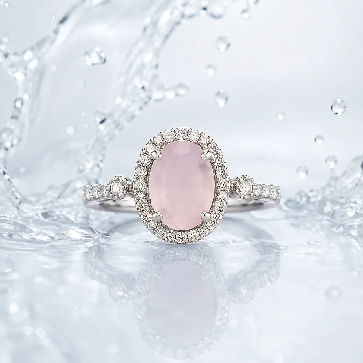 Gul Oval Ring, a silver-tone ring with a soft pink oval center stone