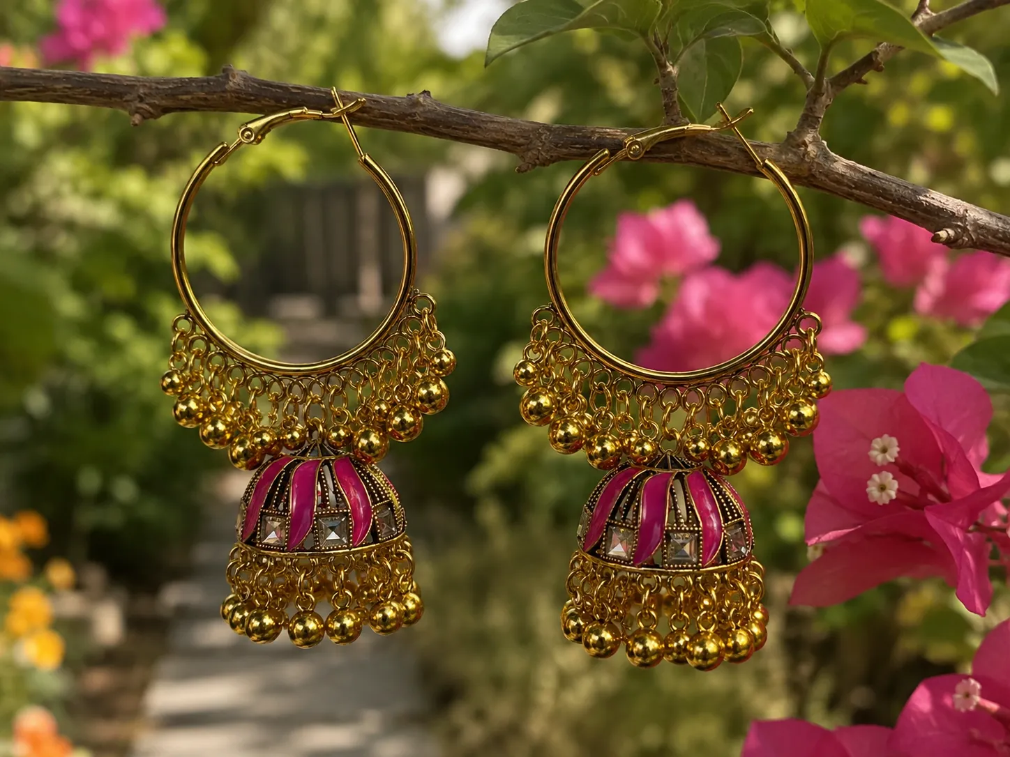 Gulabo Jhumka Hoops with pink enamel and crystal accents