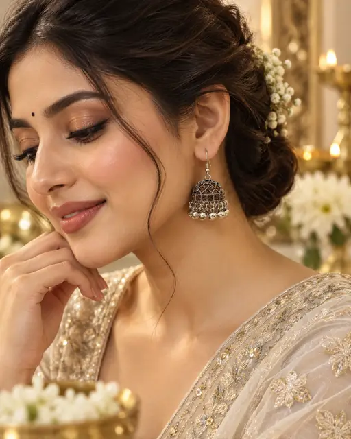 Woman wearing Bronze Silver Jhumka Earrings by Dilaavez