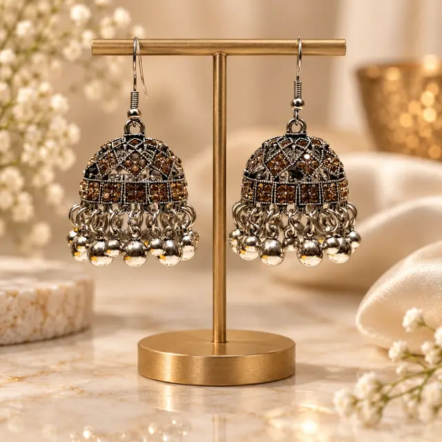 Bronze Silver Jhumka Earrings with dangling silver beads