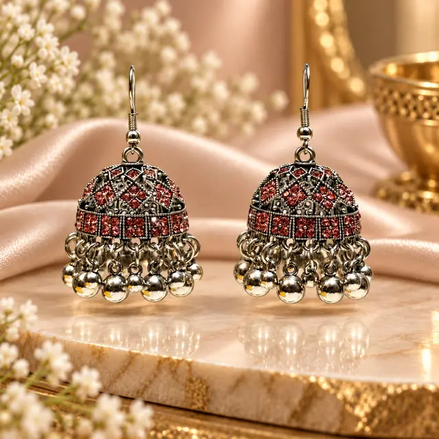 Rose Silver Jhumka Earrings