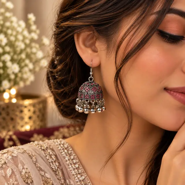 Rose Silver Jhumka Earrings