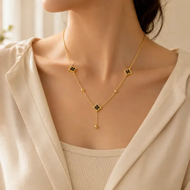 Zareen Black Clover Gold Necklace